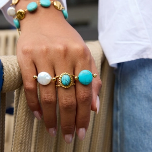 Turquoise and pearl stainless steel jewelry set featuring rings and matching bracelet