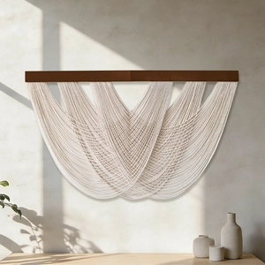 Bohemian handmade woven cotton macrame wall hanging with solid wood beam for home decor