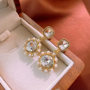 French vintage earrings with large square crystal, pearls, and gold finish
