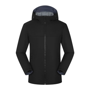 Men's black hooded softshell jacket with waterproof fabric and zipper pockets