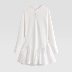 White Long Sleeve Henley Mini Dress With Ruffle Hem Round Neck Solid Polyester Elegant Casual For Women