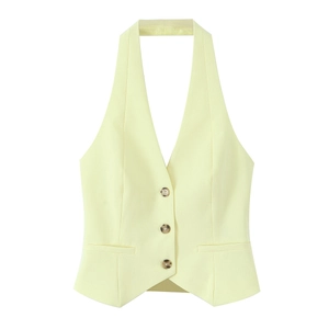 Hellgelbe Neckholder-Weste und lockere Hose Set mit drei Knöpfen vorne