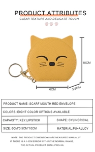 Detail view of mini cat cosmetic pouch showing 6x10x3.5cm dimensions and yellow PU texture