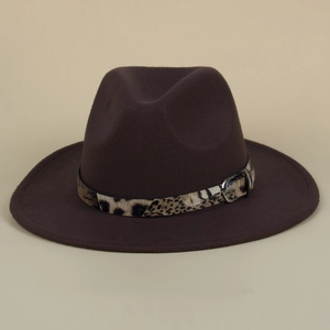 Classic dark brown wool fedora hat for women with leopard print belt and silver buckle