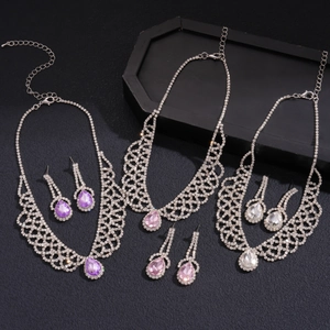 Luxury water-drop jewelry set with sparkling rhinestones in purple, pink, and white