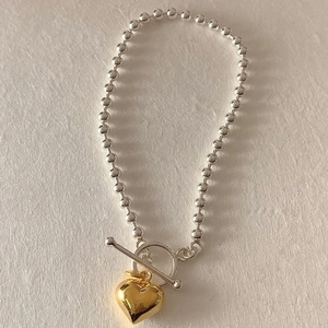 Minimalist S925 sterling silver bead chain bracelet with gold heart pendant and toggle clasp