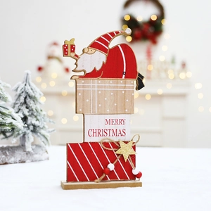 Handcrafted wooden Christmas reindeer sled tabletop ornament with Merry Christmas text