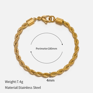 Detail view of 180mm gold-plated stainless steel twist chain bracelet with measurements