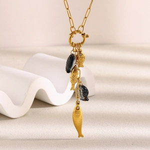 Fish Pendant Necklace 18K Gold Plated Stainless Steel Paperclip Chain Tassel Charms Trendy Jewelry For Women