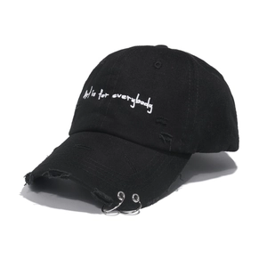 Distressed black baseball cap with rings and white embroidery 'Art is for everybody'