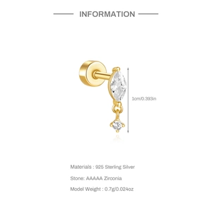 Detail of 925 sterling silver earring with marquise and round AAAAA cubic zirconia