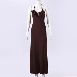 Detailed halter neck with ruffled edges on a dark brown elegant maxi dress for women