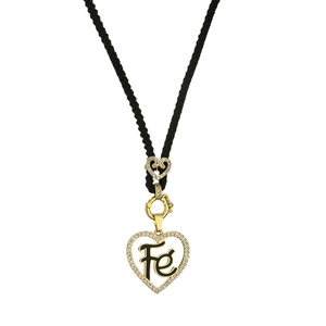 Braided black necklace cord with gold-plated heart pendant featuring FE letter and diamonds