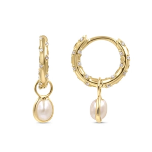 Detail of gold hoops with sparkling pavé zircons and elegant oval pearl pendants