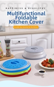 Collapsible silicone microwave splatter covers in various colors with ventilation holes