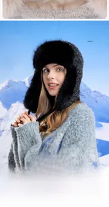 Close-up of black faux fur lining and plush texture on winter trapper hat for women