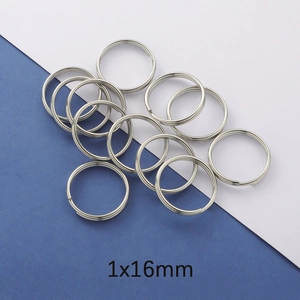 Close-up of 1x16mm polished stainless steel double split key rings for DIY jewelry