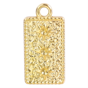 Detail of gold rectangular titanium steel pendant with hammered texture and 3D stars