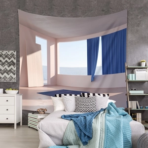 Detail view of 3D window sea view wall tapestry hanging in a modern pink room decor