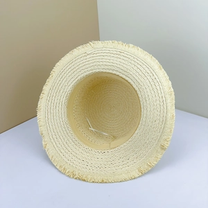 Flat top straw sun hat with frayed fringe brim and adjustable drawstring in beige