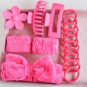 Pink 16-piece hair accessory set including soft headband, flower claw clip and elastic ties