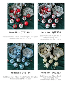 Detail of 7.2cm Christmas ball ornaments in a storage box with festive patterns