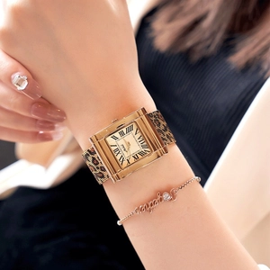 Elegant gold square watch with Roman numerals and leopard print mesh band for women