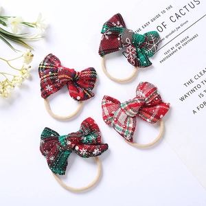 Christmas Baby Bow Headband Nylon Elastic Soft Plaid Snowflake Pattern Holiday Hair Accessories For Infants Toddlers