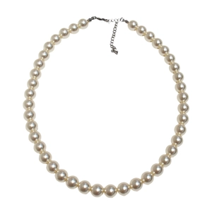 Elegant white round pearl necklace with silver clasp and adjustable chain on white backdrop