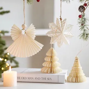 Creamy white origami Christmas tree and angel paper ornaments with wooden beads