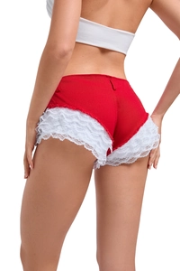 Rückansicht roter Denim-Hotpants mit mehrlagigen weißen Spitzenborten für Damen