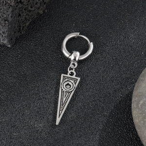 Retro stainless steel hoop earring with a geometric triangle pendant on a dark background