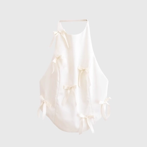 White Satin Halter Tank Top With Bowknot Decoration Backless Sleeveless Slim Fit Sexy Sweet Women Crop Top