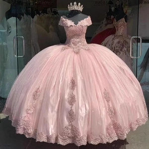 Elegant Pink Off-Shoulder Ball Gown With Lace Appliques And Layered Tulle Quinceanera Prom Dress For Women