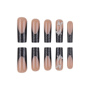 Long trapezoid French press-on nails in black and pink with 3D silver butterflies