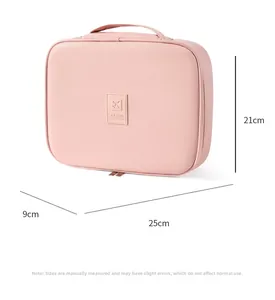 Pink PU leather travel cosmetic bag showing size dimensions 25cm x 9cm x 21cm