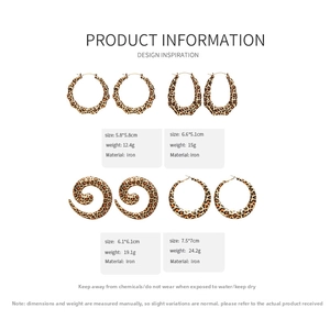 Detailed spec sheet of oversized leopard print earrings in various geometric shapes