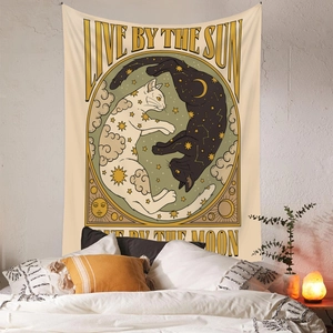 Bohemian sun and moon cat tapestry in vintage celestial yin yang style for room decor