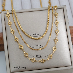 Three-layer 18K gold plated titanium steel heart necklace set with 40/50/60cm chain lengths