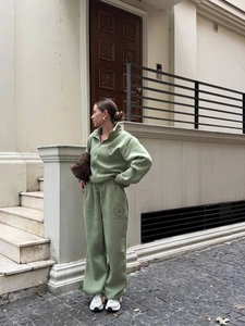Women's sage green sporty lounge set with printed zipper sweatshirt and joggers
