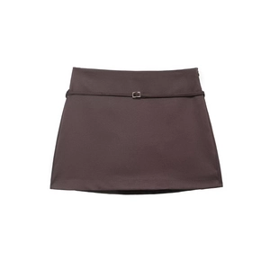 Women High Waist Mini Skirt With Belt Solid Color Polyester Blend Sexy Streetwear Minimalist Short Skirt Coffee