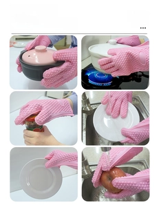 Pink heat-resistant silicone gloves for cooking, cleaning dishes, and washing fruit