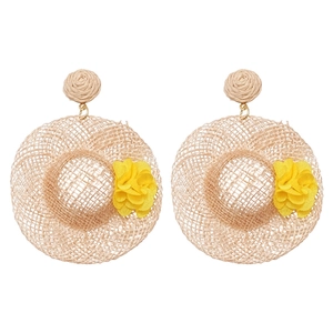 Summer raffia hat earrings with yellow floral accents on white background