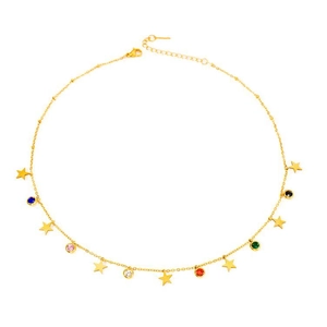 Gold plated stainless steel necklace with multi-colored gemstones and star pendants
