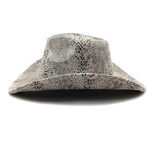 Detailed view of western cowboy hat with textured black and white snakeskin pattern