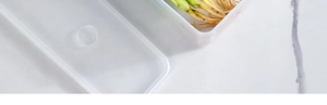 Close-up of fresh scallions in a transparent airtight plastic food storage container