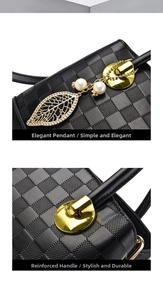 Détail du cuir gaufré à damier avec pendentif feuille dorée et détails de perles