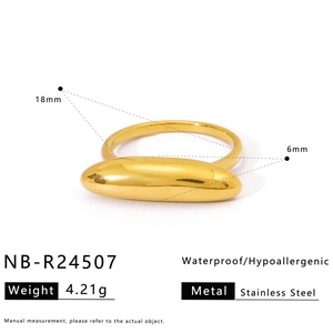 Detailed macro view of gold-plated stainless steel ring showing dimensions and texture