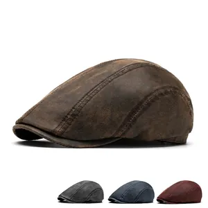 Retro distressed leather beret cap for men and women available in four classic colors