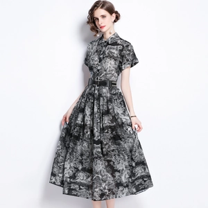 Vintage black and white animal print shirt dress with shirt collar and black belt